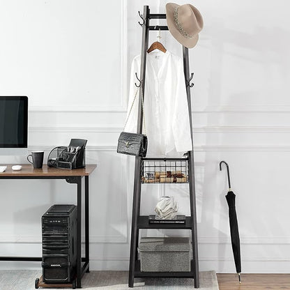VECELO Coat Rack Freestanding,Hall Tree with Metal Basket and Storage Shelves,Industrial Coat Rack Stand with 8 Hooks for Hanging Coats/Hats/Bags/Umbrellas,18 x 18 x 72 In,Matte Black