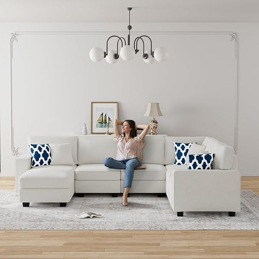 Legend Vansen Oversized Modular Sectional Sofa,U/L‑Shaped Reversible Couch with Ottoman,Deep Seat Plush Polyester Sofa for Living Room,7‑Seater,Cream