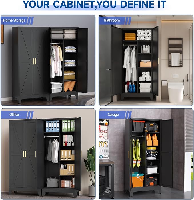 Steel Armoire Wardrobe Closet, 71" Metal Clothing Storage Cabinets with 2 Doors & 3 Adjustable Shelves, Black Wardrobe Cabinet with Hanging Rod for Bedroom, Gym