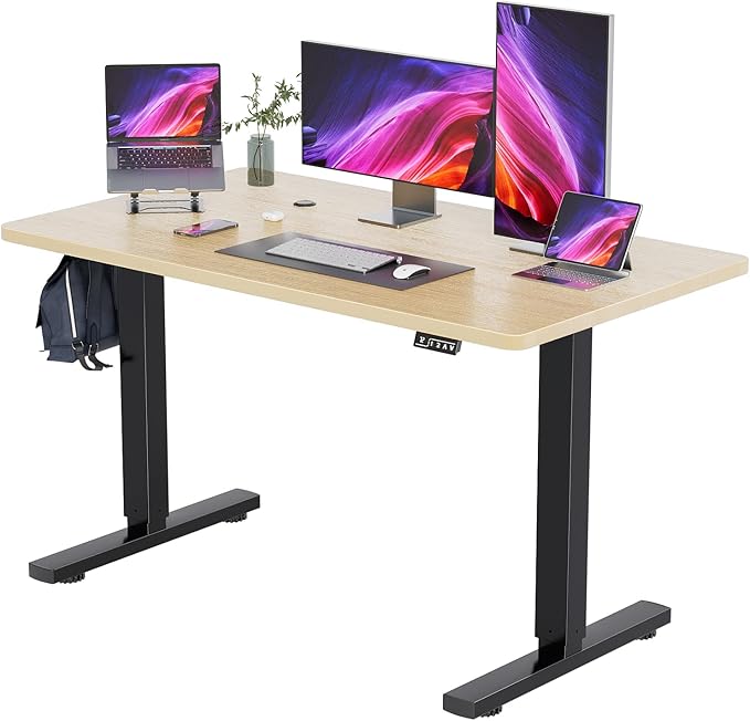 YESHOMY Height Adjustable Electric Standing Desk, 55 inch Computer Table, Home Office Workstation, Black Leg/Natural Top