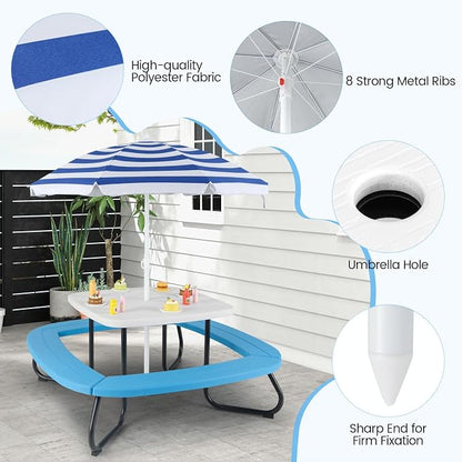 Costzon Kids Picnic Table, 8 Person Kids Outdoor Table and Chairs with Foldable & Adjustable Umbrella, 4 Built-in Benches, Toddler Outdoor Furniture for Backyard, Patio, Garden (Blue)