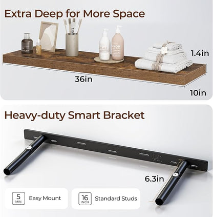 Fun Memories Floating Shelves for Wall 36 Inch Set of 3, Farmhouse Floating Shelves with Invisible Heavy Duty Bracket, 10 Inch Deep Bathroom Shelves for Storage, Living Room, Kitchen, Decor, Brown