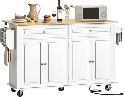 Hlivelood 63" Movable Kitchen Island with Drop Leaf and Power Outlet, Rolling Island Cart w/Storage Cabinet, Island Table on Wheels for Kitchen w/2 Drawers, Spice Rack, Towel Bar, Garage Hook, White