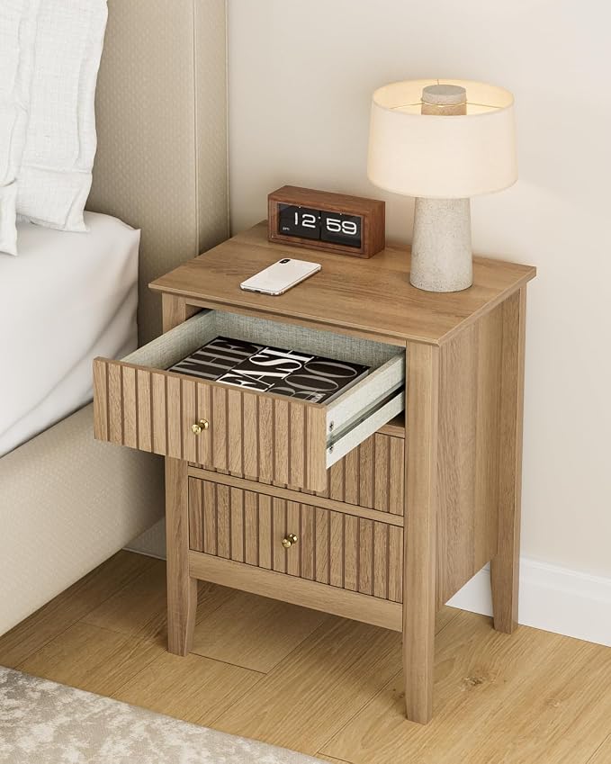 Fluted Nightstand, Vintage Night Stand with 3 Drawers, Mid Century Modern Side Accent Table,Bedside End Table for Bedroom, Living Room, Natural