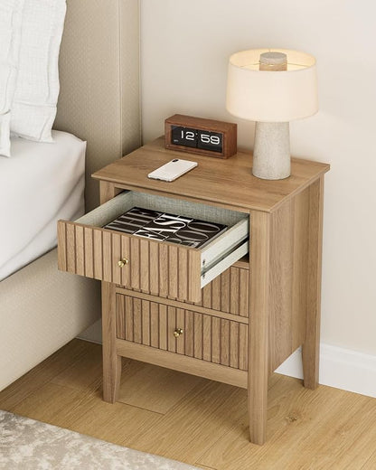 Fluted Nightstand, Vintage Night Stand with 3 Drawers, Mid Century Modern Side Accent Table,Bedside End Table for Bedroom, Living Room, Natural