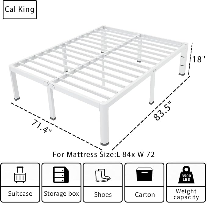 ROIL 18 Inch White California King Bed Frame with Rounded Corner and Headboard Hole Mattress Retainers 3500LBS Heavy Duty Steel Slats No Box Spring Needed Platform Noise-Free Easy Assembly