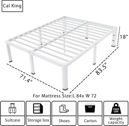 ROIL 18 Inch White California King Bed Frame with Rounded Corner and Headboard Hole Mattress Retainers 3500LBS Heavy Duty Steel Slats No Box Spring Needed Platform Noise-Free Easy Assembly