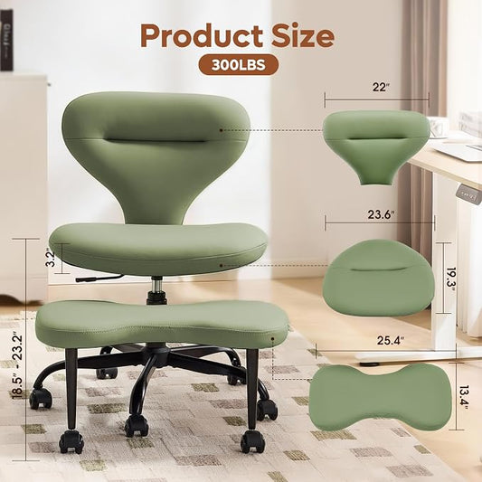 YFO Ergonomic Cross Legged Office Chair and ADHD Meditation Chair with Silent Wheels for Home Office Desk Chair and Yoga, Wider Backrest Support and Storage Pockets Design, PU Leather, Green