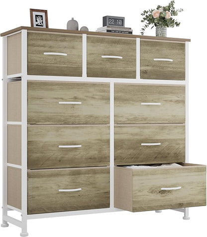 OLIXIS 9 Drawer Storage Dresser with Wood Top - Wide Fabric Chest Organizer for Bedroom, Closet, Living Room,Tower Cabinet, TV Stand, Hallway Entryway Furniture,Oak Greige