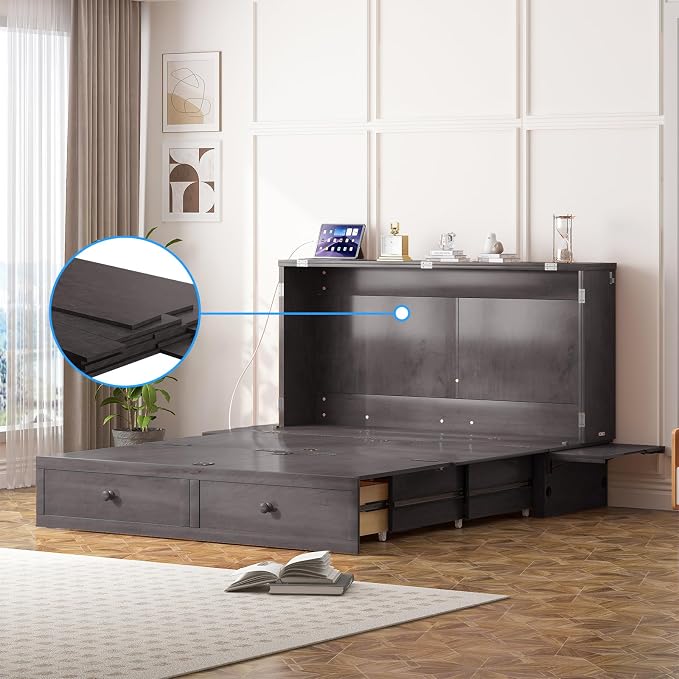 PUREMIND Murphy Bed Queen with Mattress Included, Hideaway Wallbed Cabinet Bed with 2 Storage Drawers, USB Charging Ports & Headboard, Space-Saving Chest Beds for Home, Guest Room, Gray