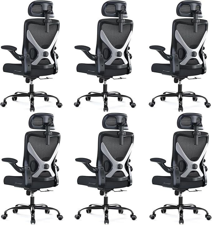 Ergonomic Office Chair - X-Shaped Computer Desk Chair Comfy, Gaming Chair, Office Chair with Lumbar Support, Mesh Office Chairs with Headrests, Desk Chair for Long Hours, Black Silver, Pack of 6