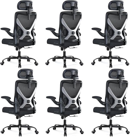 Ergonomic Office Chair - X-Shaped Computer Desk Chair Comfy, Gaming Chair, Office Chair with Lumbar Support, Mesh Office Chairs with Headrests, Desk Chair for Long Hours, Black Silver, Pack of 6