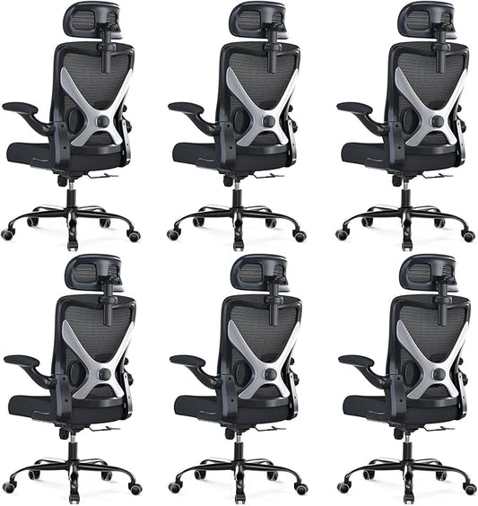 Ergonomic Office Chair - X-Shaped Computer Desk Chair Comfy, Gaming Chair, Office Chair with Lumbar Support, Mesh Office Chairs with Headrests, Desk Chair for Long Hours, Black Silver, Pack of 6