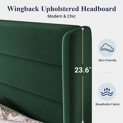 Allewie King Size Platform Bed Frame with Velvet Upholstered Wingback Headboard, No Box Spring Needed, Strong Wooden Slats, Under Bed Storage Space, Modern Mattress Foundation, Easy Assembly, Green