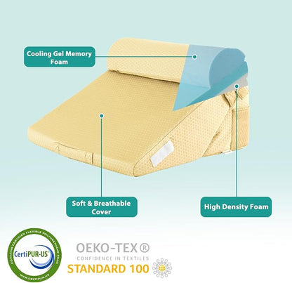 Adjustable 3pcs Bed Wedge Pillow Set, Memory Foam Wedge Pillows Post Surgery for Back, Neck, Leg Pain Relief, Pillow Wedge for Sleeping, Sitting up in Bed, Acid Reflux and GERD, Beige Yellow