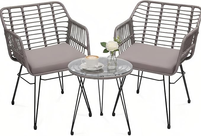 3-Piece Patio Furniture Set, Wicker Bistro Set with 2 Cushioned PE Rattan Armchairs and Glass Top Coffee Table, Small Conversation Set for Balcony, Porch, Backyard, Grey/Grey