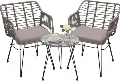 3-Piece Patio Furniture Set, Wicker Bistro Set with 2 Cushioned PE Rattan Armchairs and Glass Top Coffee Table, Small Conversation Set for Balcony, Porch, Backyard, Grey/Grey