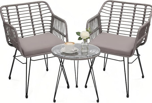 3-Piece Patio Furniture Set, Wicker Bistro Set with 2 Cushioned PE Rattan Armchairs and Glass Top Coffee Table, Small Conversation Set for Balcony, Porch, Backyard, Grey/Grey