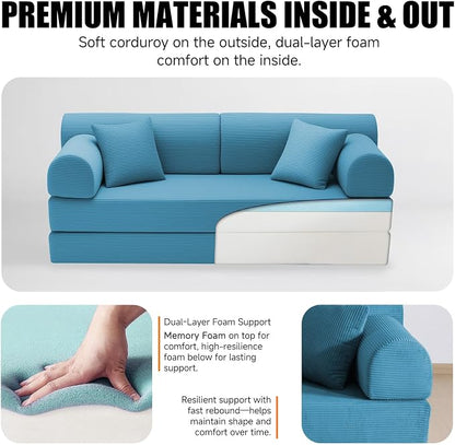 78.8" Memory Foam Boneless Couch, Corduroy Floor Sofa Bed, Convertible Sleeper Futon Loveseat, Wide Armrests & Back Support, Supports Up to 1200 lbs, Couch in a Box with 2 Pillows, Ocean Blue
