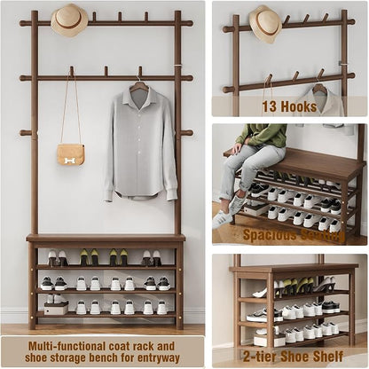 Bamboo Hall Tree with 13 Hook, 6-in-1 Entryway Bench with Coat Rack Freestanding, Coat Rack with Shoe Storage Bench Organizer for Mudroom, Bedroom, All-in-One Shoe Rack,Walnut