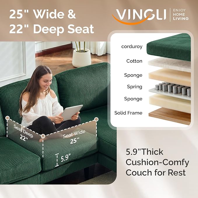 VINGLI 108" W U-Shaped Sectional Couches for Living Room, Sturdy Wooden Armrest Corduroy Cloud Couch with Double Chaise, High Support Modern 4-Seat Sectional Sofa for Apartment, Offices, Dark Green