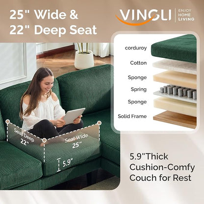VINGLI 108" W U-Shaped Sectional Couches for Living Room, Sturdy Wooden Armrest Corduroy Cloud Couch with Double Chaise, High Support Modern 4-Seat Sectional Sofa for Apartment, Offices, Dark Green