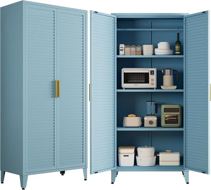 61" Tall Blue Kitchen Pantry Cabinet, Farmhouse Metal Pantry Storage Cabinets, with 2 Louvered Door and 3 Adjustable Shelves, Multipurpose Storage Organizer, for Home, Entryway, Kids Room