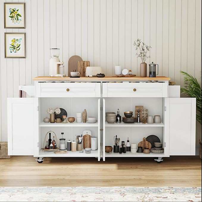 67 Kitchen Island Cart with Drop Leaf Breakfast Bar, Rolling Mobile Kitchen Island Table on Wheels with Storage Cabinet, Drawer, Spice/Towel Rack, White