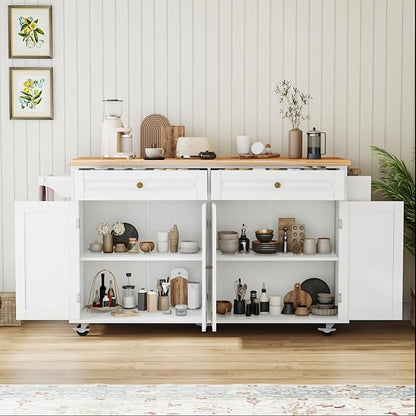 67 Kitchen Island Cart with Drop Leaf Breakfast Bar, Rolling Mobile Kitchen Island Table on Wheels with Storage Cabinet, Drawer, Spice/Towel Rack, White