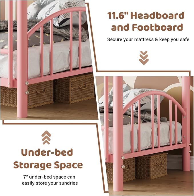 GarveeHome Metal Bunk Bed Twin Over Twin, Heavy Duty Bunkbeds Frame with Arched Guardrail and Safety Ladder, Sturdy Steel Bed for Kids Boys Girls, Space-Saving, No Box Spring Needed, Modern Pink