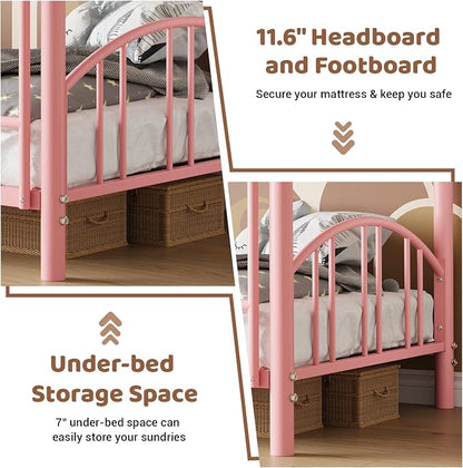 GarveeHome Metal Bunk Bed Twin Over Twin, Heavy Duty Bunkbeds Frame with Arched Guardrail and Safety Ladder, Sturdy Steel Bed for Kids Boys Girls, Space-Saving, No Box Spring Needed, Modern Pink