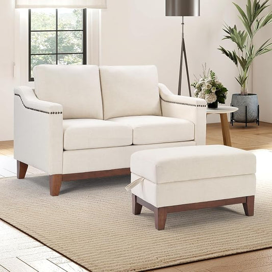 HAOMARKETS 2 Piece Fabric Sofa Set with Nailhead Trim, Included Loveseat 2-Seater Couches with Thicked Cushion and Upholstered Storage Ottoman with Flip-Top Table, Living Room Furniture Set,Beige