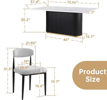 Morden Fort Modern Dining Table Set for 4, 70" Kitchen Table with Marble Rectangle Top and Black Fluted Base, 4 Boucle Upholstered Chairs for Dining Room, Restaurant and Reception