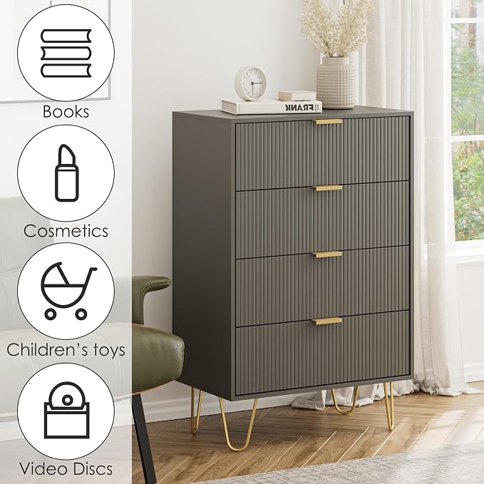 Masupu 4 Drawer Dresser, Drawer Chest, Tall Storage Dresser Chest Cabinet Organizer Unit with Gold Metal Legs, Nightstand for Bedroom, Living Room, Closet, Hallway Gray Stripe