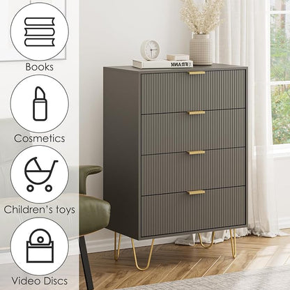 Masupu 4 Drawer Dresser, Drawer Chest, Tall Storage Dresser Chest Cabinet Organizer Unit with Gold Metal Legs, Nightstand for Bedroom, Living Room, Closet, Hallway Gray Stripe