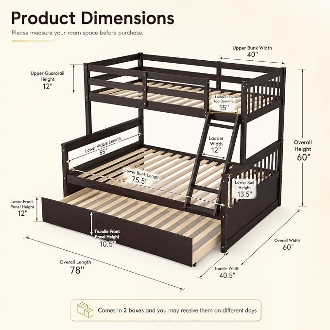 NAFORT Twin Over Full Bunk Bed with Trundle, Solid Wood Bunk Bed Frame, Ladder & Guardrails, Converts to 2 Platform Beds for Kids/Teens/Guests (Espresso, Twin Over Full with Trundle)