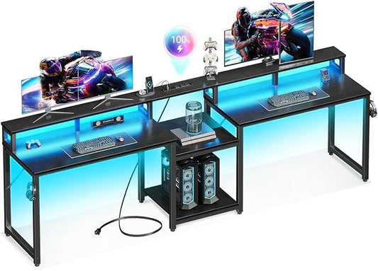 Casaottima 98 Inch 2 Person Gaming Desk with Storage Shelves, Long Double Home Office Computer Writing Desks with USB Charging Port & LED Lights, Monitor Stand, Modern Study/Work Table,Black