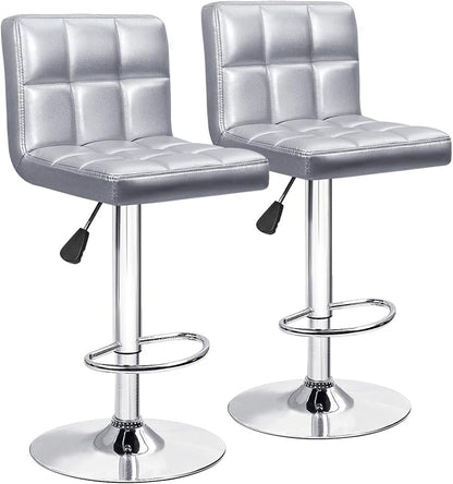 Furniwell Bar Stools Modern Pu Leather Swivel Adjustable Barstools Armless Counter Height Swivel Bar Stool Synthetic Leather Height Square Barstool with Set of 2(Silver)