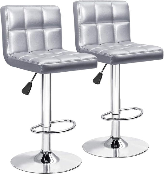Furniwell Bar Stools Modern Pu Leather Swivel Adjustable Barstools Armless Counter Height Swivel Bar Stool Synthetic Leather Height Square Barstool with Set of 2(Silver)