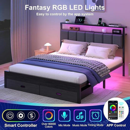 Queen Bed Frames with Storage Drawer, Platform Bed with Charging Station and LED Lights, Upholstered Headboard with 2-Tier Storage Shelves, No Box Spring Needed