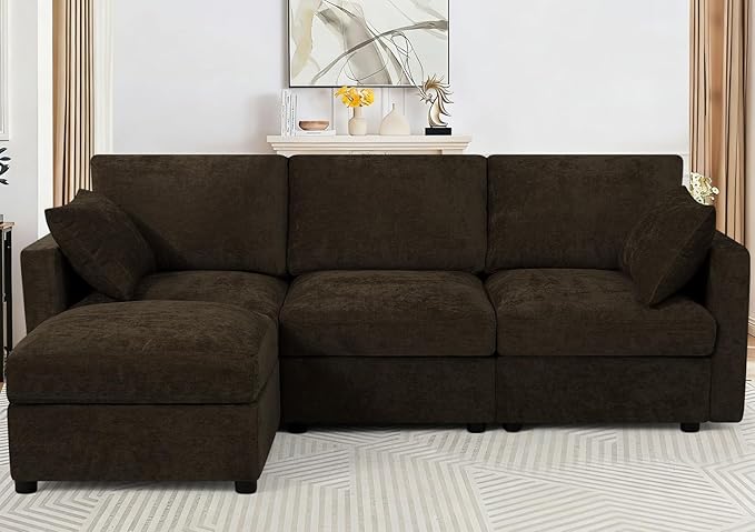 84” Chenille 3-Seats Sofa W/Movable Ottoman, Brown | Modern Fabric L-Shaped Couch w/Soft Backrests, Upholstered Sectional Sofa w/Arm Pillows for Living Room