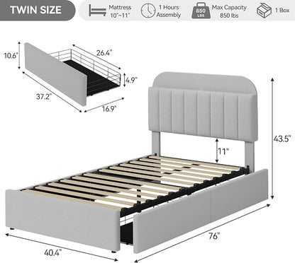 GarveeHome Twin Bed Frame with Storage Headboard, Kids Bed Frame with 2 Drawers, Boucle Upholstered Platform Bed with Bookcase, No Box Spring Needed, Easy Assembly, Light Gray