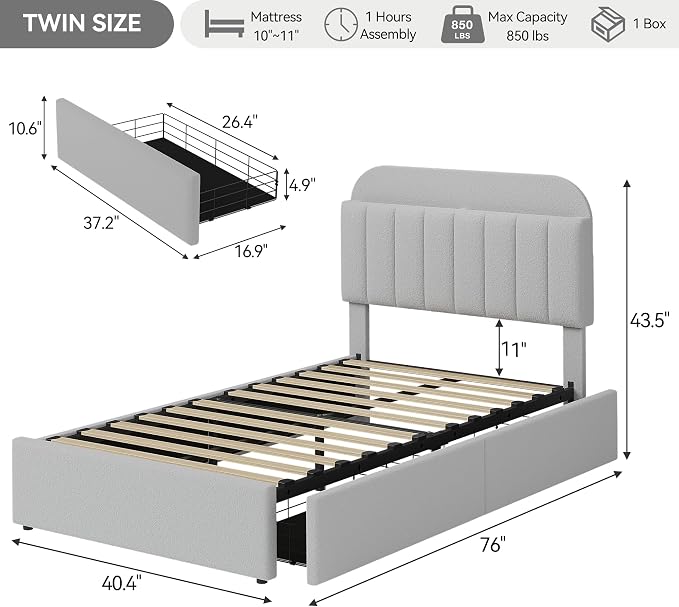 IDEALHOUSE Twin Bed Frame for Kids, Boucle Upholstered Platform Bed for Boys/Girls with 2 Flexible Drawers, Bookcase Headboard, Noise-Free, Easy Assembly, No Box Spring Needed, Gray