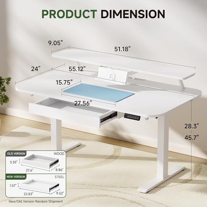 GTPLAYER Electric Standing Desk with Drawers, 55 x 24 Inches Height Adjustable Computer Desk with Monitor Stand, Laptop Stand, Sit Stand up Desk with Memory Preset for Home, Office, White