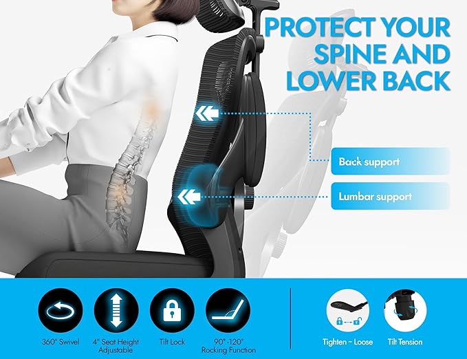 Black Ergonomic Office Chair - Mesh Desk Chair with Adjustable Lumbar Support High Back Computer Gaming Chairs - Big and Tall Office Chairs Adults, Comfortable for Long Hours