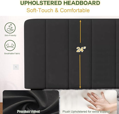 Queen Size Bed Frame with Headboard, Platform Bed with Soft Velvet Upholstered Headboard | Wooden Slats Support | Adjustable Height | No Box Spring Needed, Queen Bed Frame Black