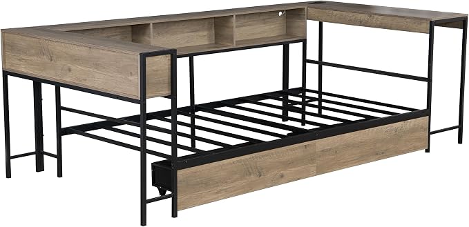 Bellemave Full Size Corner Bed Frame with Storage Drawers, Bookcase and Side Desk, Full Corner Bed with Light and Charging Station, Daybed for Bedroom, Living Room, Guest Room Gray
