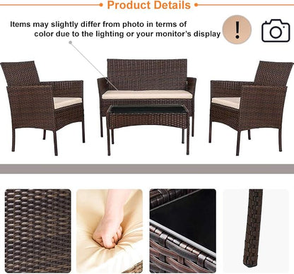 FDW Rattan Furniture Brown Wicker Chair Patio Bristo Set for Outdoor Indoor Use with Loveseats Coffee Table,Khaki Cushion, 4-Pieces