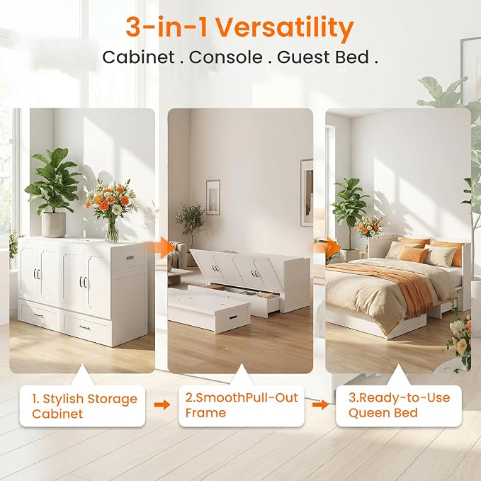 CECER Queen Size Murphy Bed，Murphy Cabinet Bed Queen with Charging Station ＆ Storage Drawer for Small Spaces/Guest Room（White）
