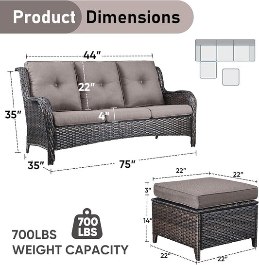 Outdoor Patio Furniture - 3 Seater Outdoor Rattan Wicker Sofa Patio Couch with Ottoman for Porch Deck Garden Backyard - Brown/Grey